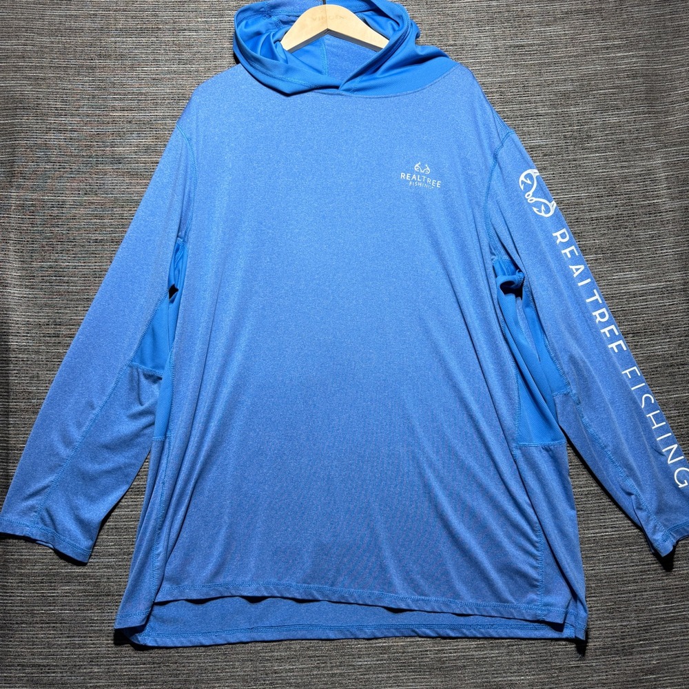 Realtree Fishing Hoodie Mens 3XL Blue LS Performance Heathered Mesh Panels